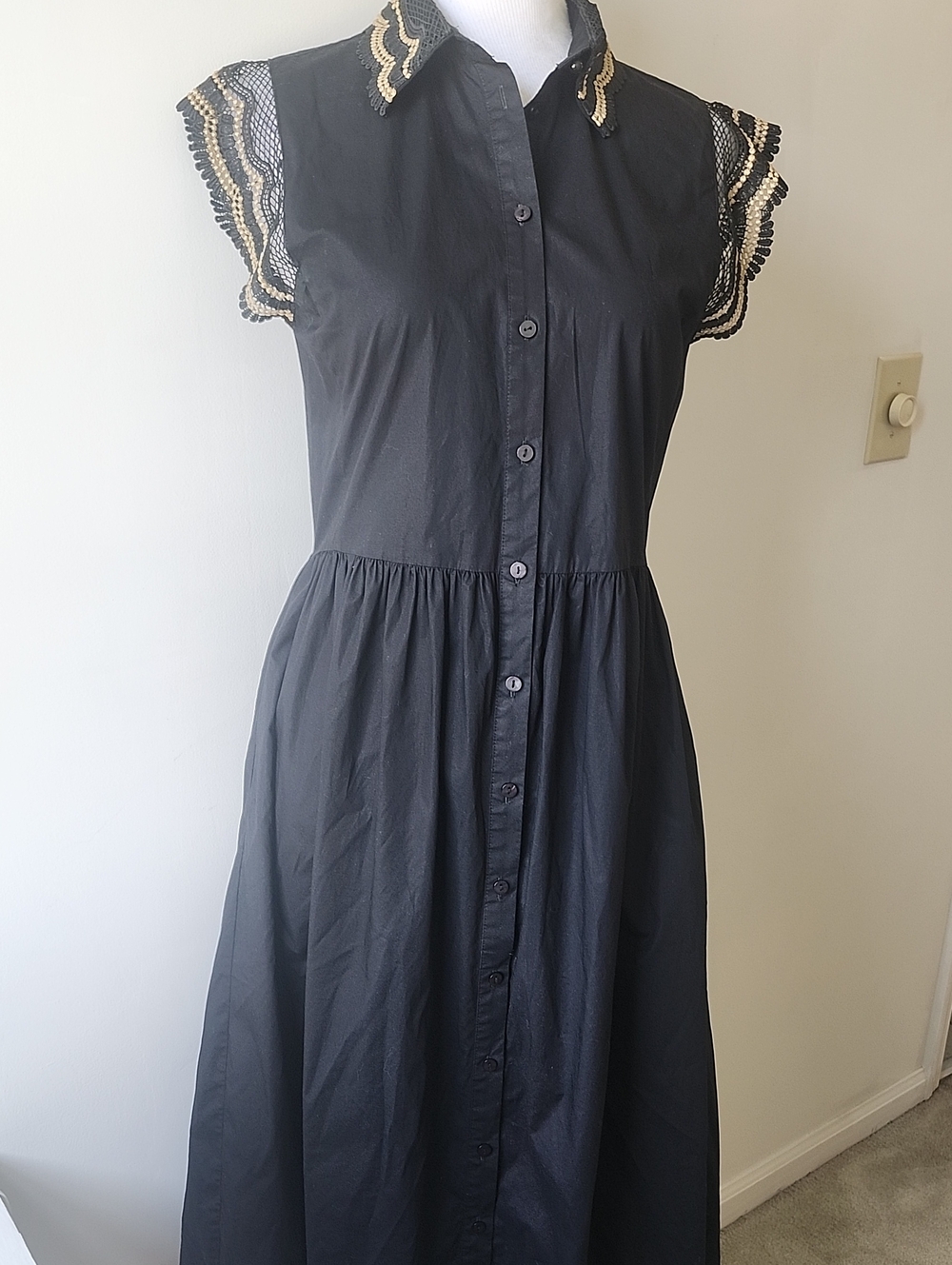Twinset Milano Shirtdress Midi Cotton Size 38 Or 6 Black Lace  Detail